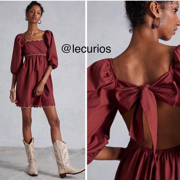 NWT Anthropologie Scalloped Mini Dress. Size Small. Brown motif.